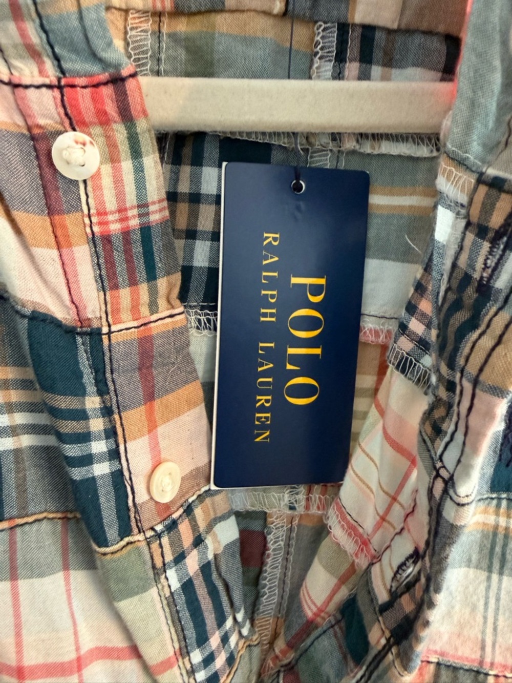 Polo by Ralph Lauren Patchwork Plaid Button-Down Shirt in Navy, Red, Cream - Picture 6 of 9